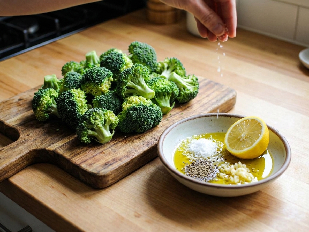 Raw broccoli florets on a cutting board next to a small bowl of olive oil, salt, pepper, minced garlic, and a halved lemon on a home kitchen counter