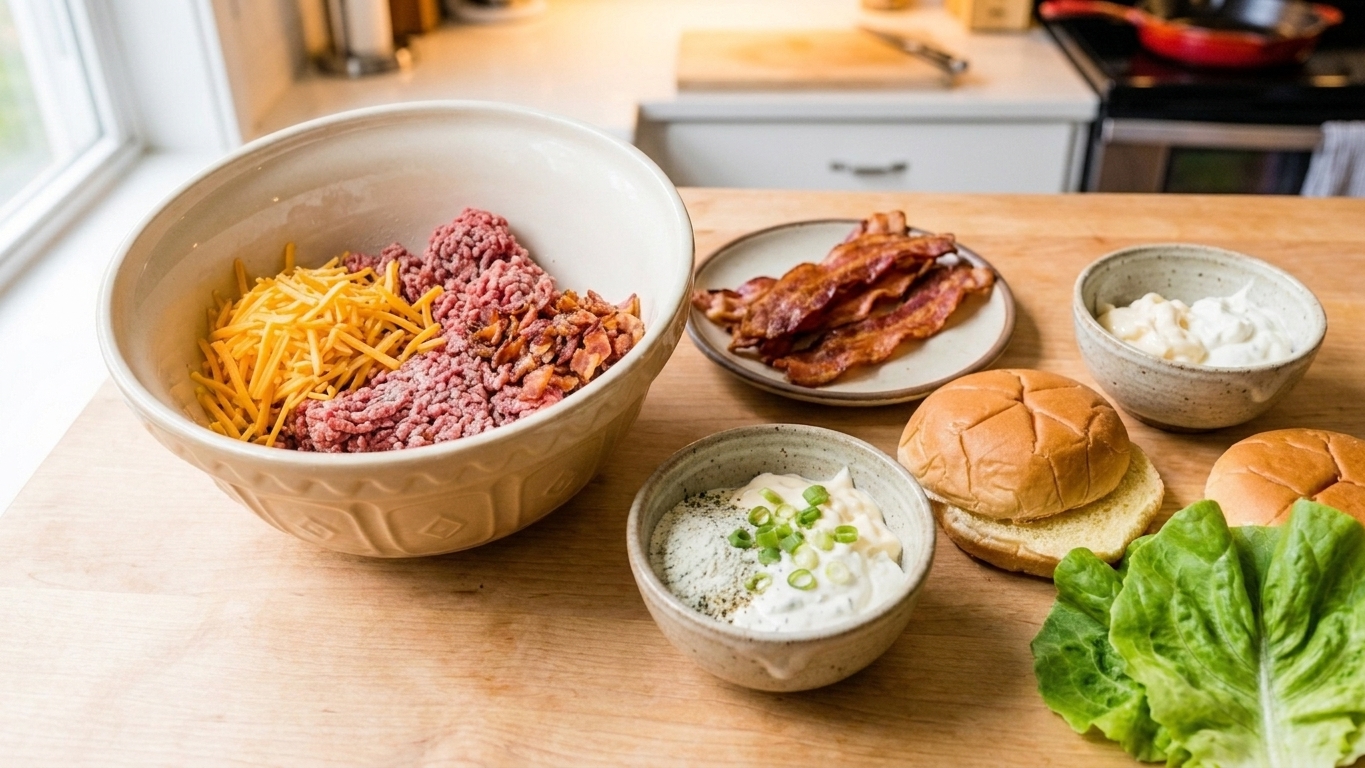 Raw burger ingredients on a kitchen counter including ground beef, shredded cheddar, cooked bacon, ranch seasoning, mayonnaise, sour cream, green onions, buns, and lettuce in bright natural light