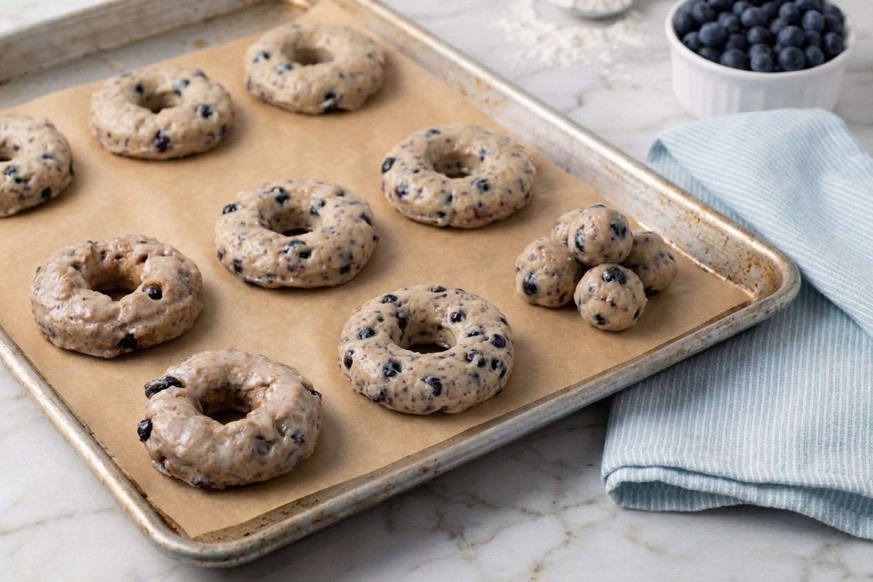 Raw cake donut rings and donut holes arranged on a parchment-lined baking sheet on a kitchen counter