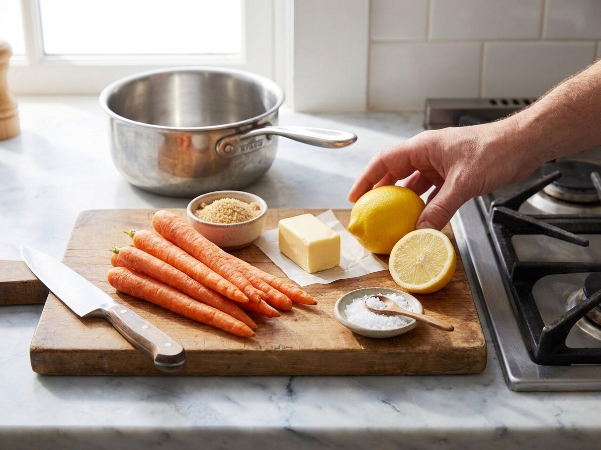 Raw carrots, butter, brown sugar, lemon, and salt arranged on a light kitchen counter with a small saucepan nearby
