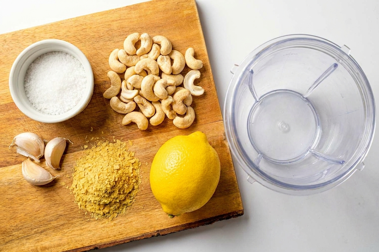 Raw cashews, a lemon, nutritional yeast, garlic, and a small bowl of salt on a kitchen counter beside a blender cup