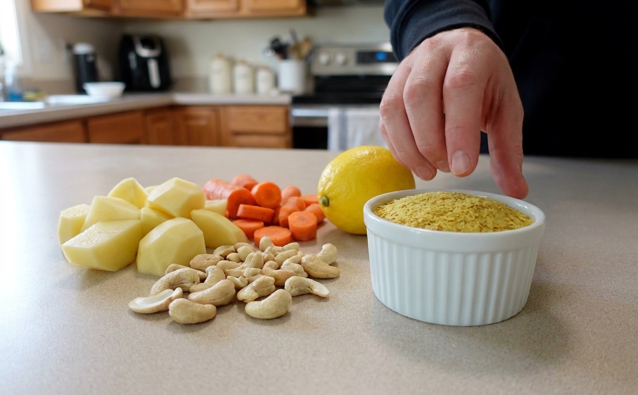 Raw cashews, peeled potato chunks, sliced carrot, lemon, and a small bowl of nutritional yeast arranged on a light kitchen counter