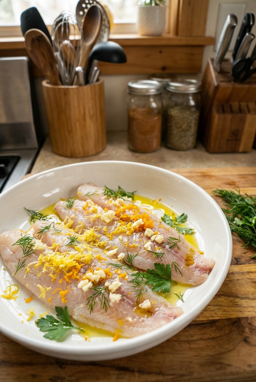 Raw catfish fillets in a shallow dish with lemon zest, orange zest, garlic, and olive oil