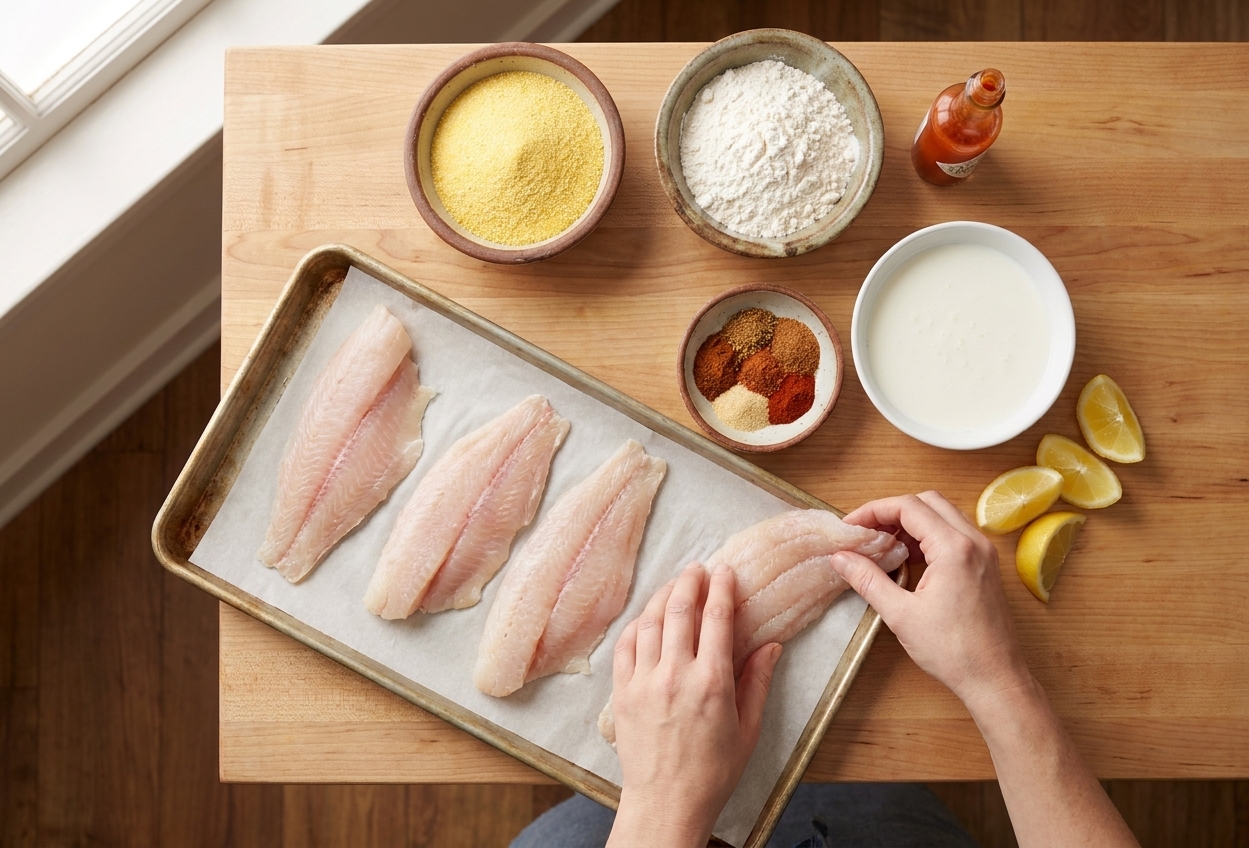 Raw catfish fillets on a parchment-lined-tray beside bowls of cornmeal, flour, spices, buttermilk, hot sauce, and lemon on a kitchen counter