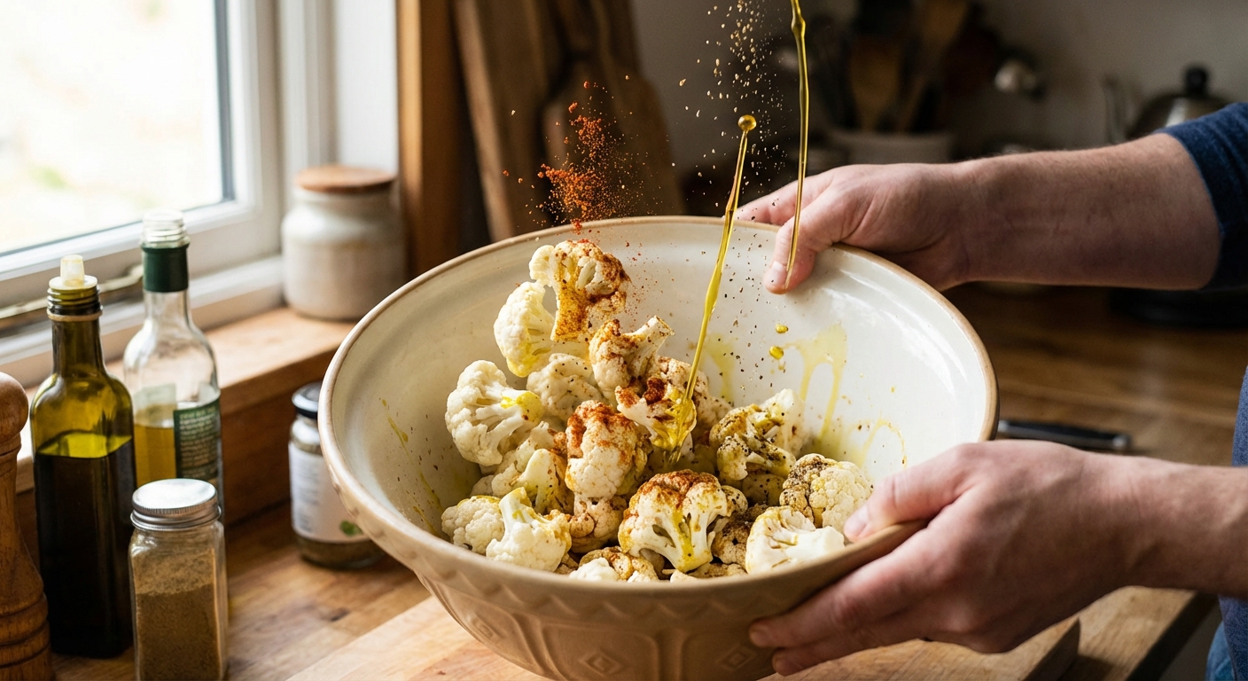 Raw cauliflower florets in a mixing bowl being tossed with olive oil and spices