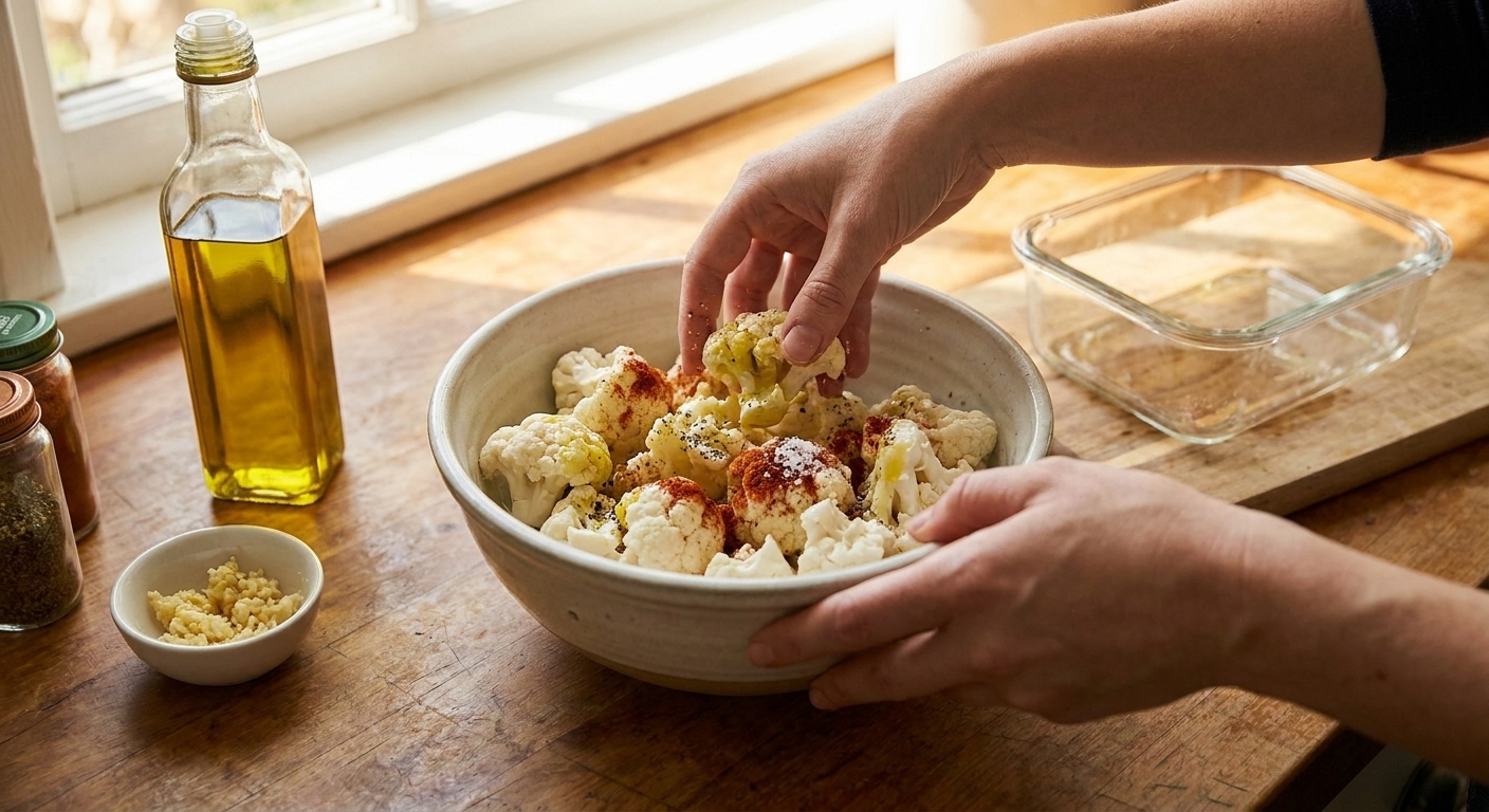Raw cauliflower florets in a mixing bowl being tossed with olive oil, garlic, paprika, salt, and pepper on a bright kitchen counter