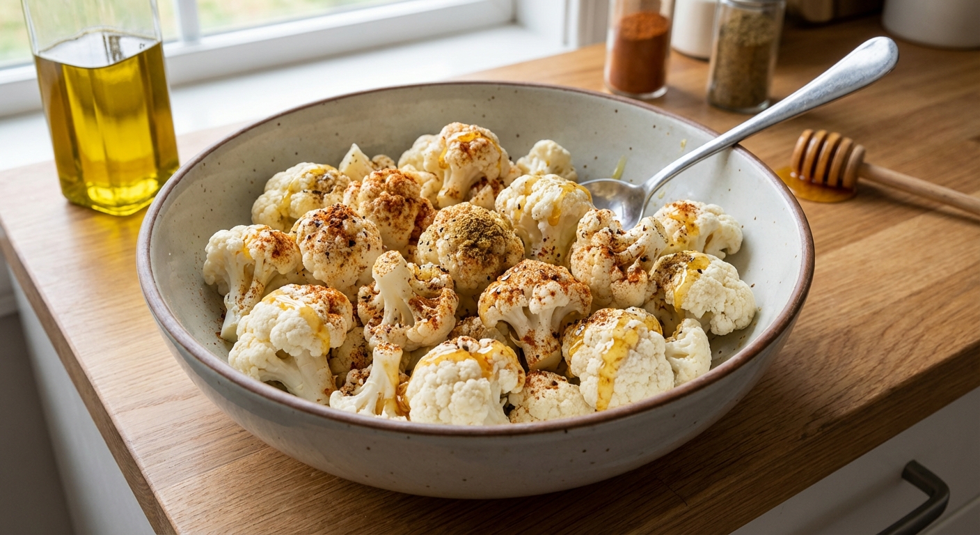 Raw cauliflower florets tossed in a bowl with olive oil, spices, and a drizzle of honey before roasting