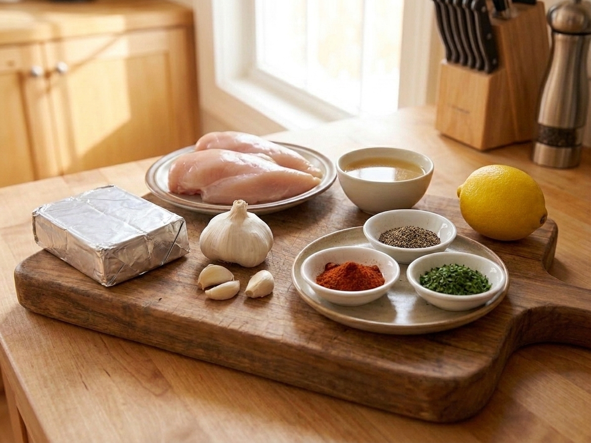 Raw chicken breasts, a block of cream cheese, garlic, chicken broth, seasonings, and a lemon arranged on a kitchen counter