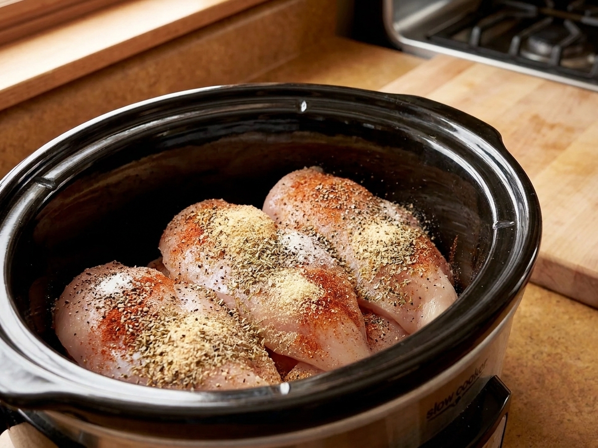 Raw chicken breasts arranged in a slow cooker insert with spices sprinkled over the top before cooking, photographed on a clean kitchen counter
