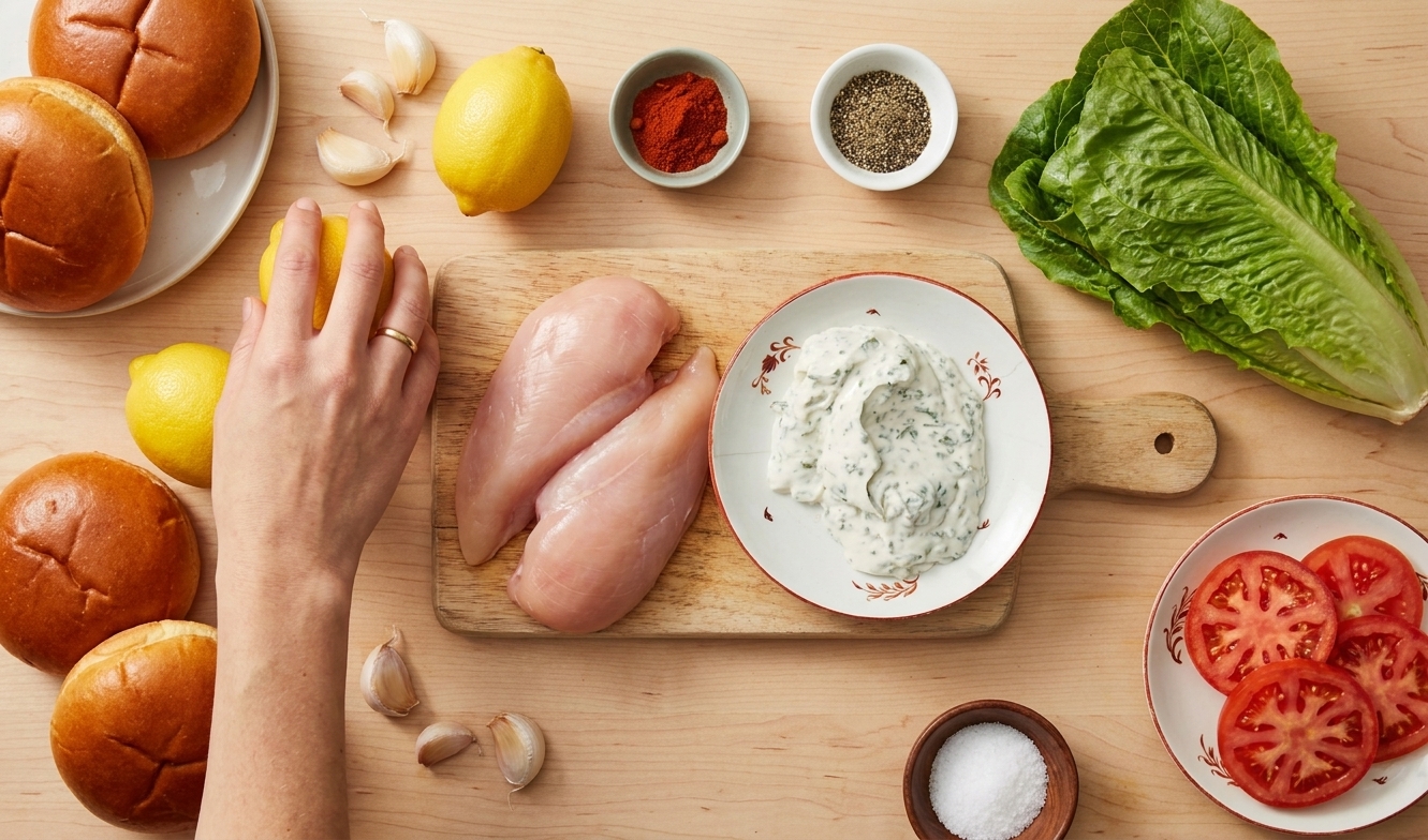 Raw chicken breasts, buns, lemons, garlic, mayonnaise, lettuce, tomato, and spices arranged on a clean kitchen counter with warm natural light