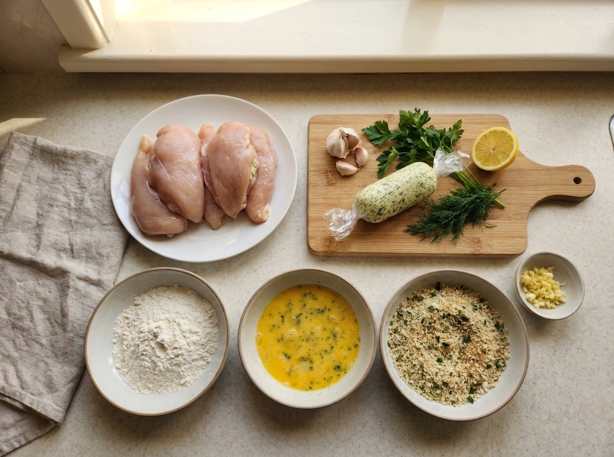 Raw chicken breasts, butter, garlic, parsley, dill, eggs, flour, breadcrumbs, and lemon arranged on a bright kitchen counter with small bowls