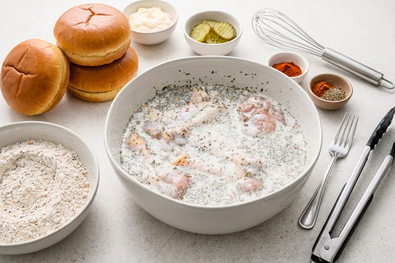 Raw chicken breasts, buttermilk, flour, spices, buns, and mayonnaise arranged on a clean kitchen counter, ready for prep