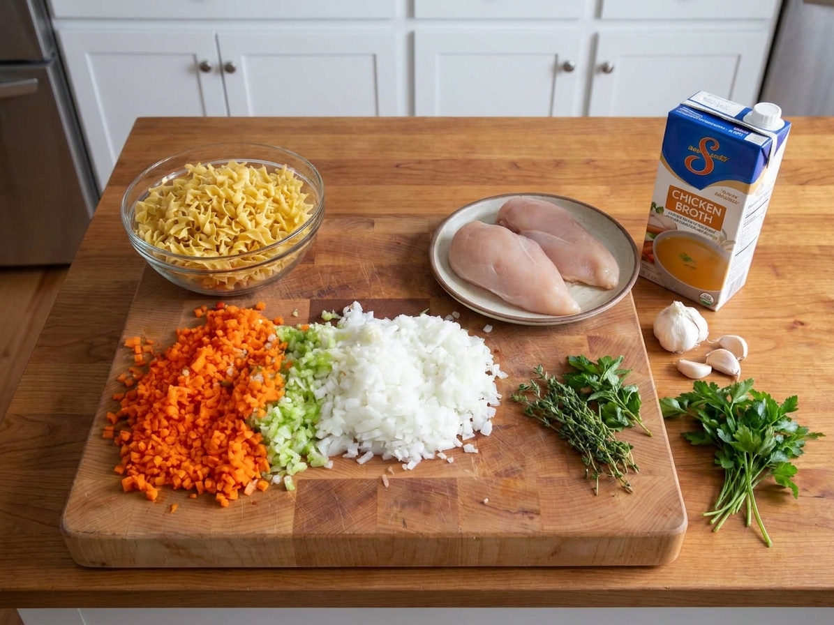 Raw chicken breasts, carrots, celery, onion, garlic, egg noodles, herbs, and broth arranged on a bright kitchen counter with a cutting board