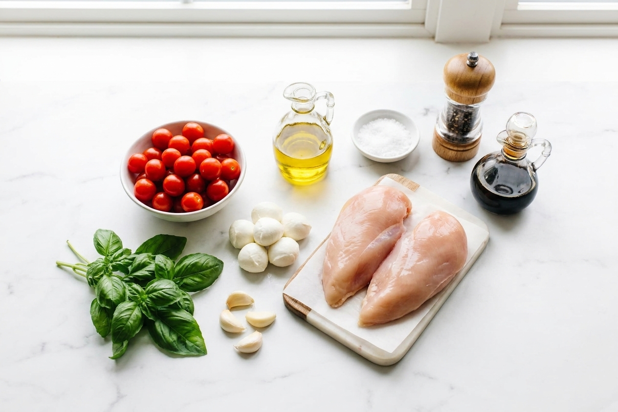 Raw chicken breasts, cherry tomatoes, fresh mozzarella, basil, garlic, olive oil, salt, pepper, and balsamic vinegar arranged on a bright kitchen counter
