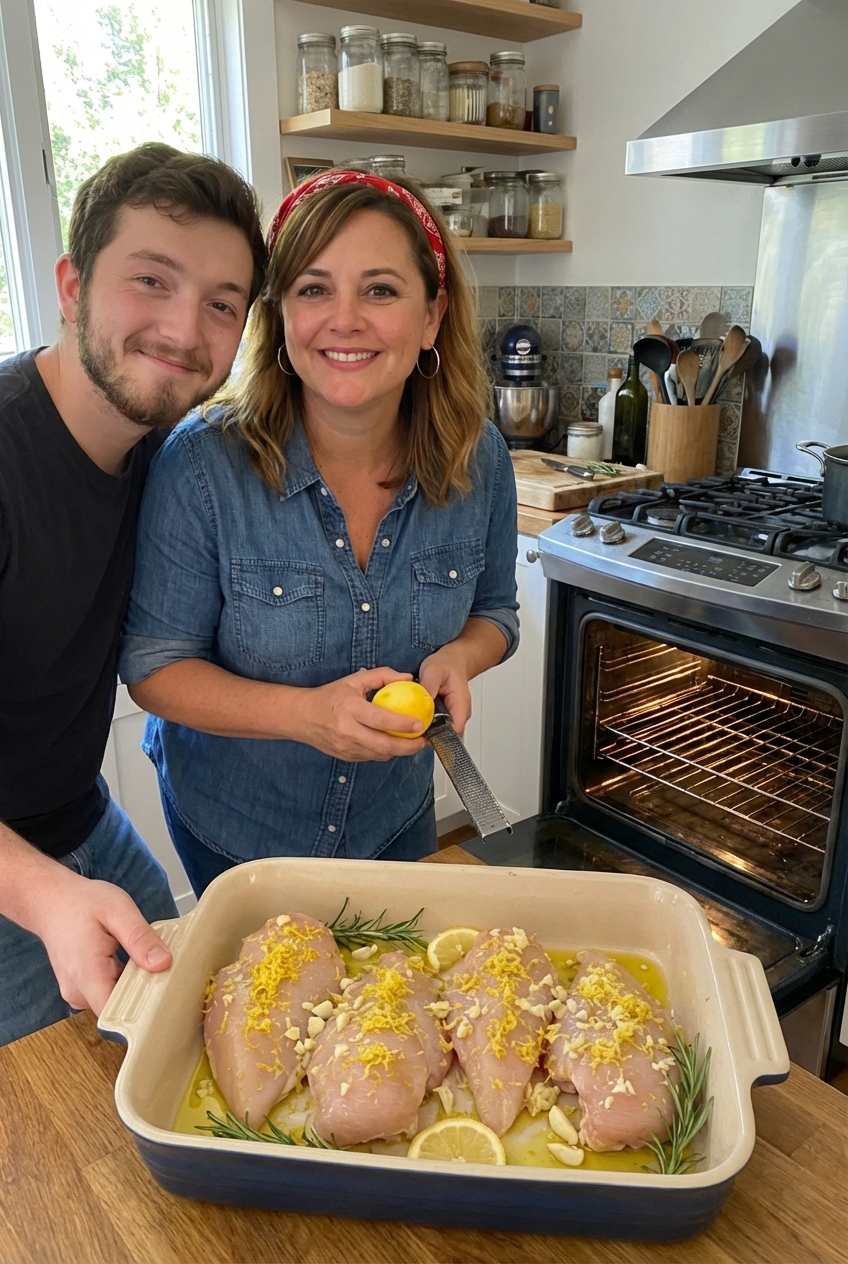 Raw chicken breasts in a baking dish coated with lemon zest, garlic, and olive oil, ready to go into the oven