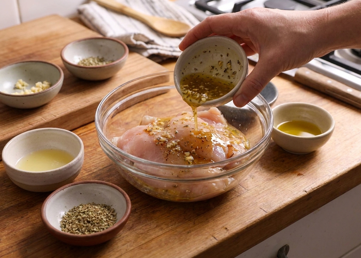 Raw chicken breasts in a glass bowl being coated with a glossy garlic-lemon marinade on a light kitchen counter