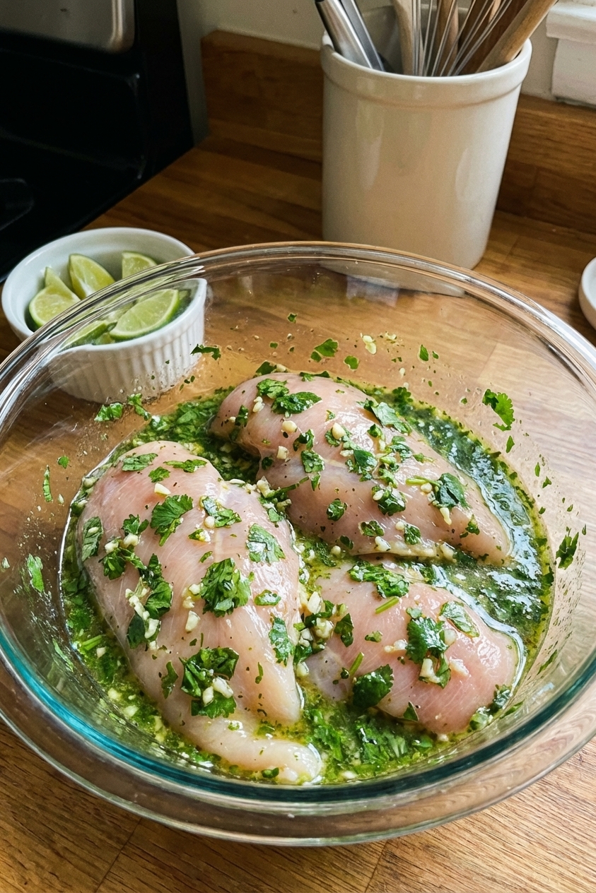 Raw chicken breasts in a glass bowl coated in a cilantro lime marinade with visible chopped cilantro and minced garlic, close-up photorealistic food photography