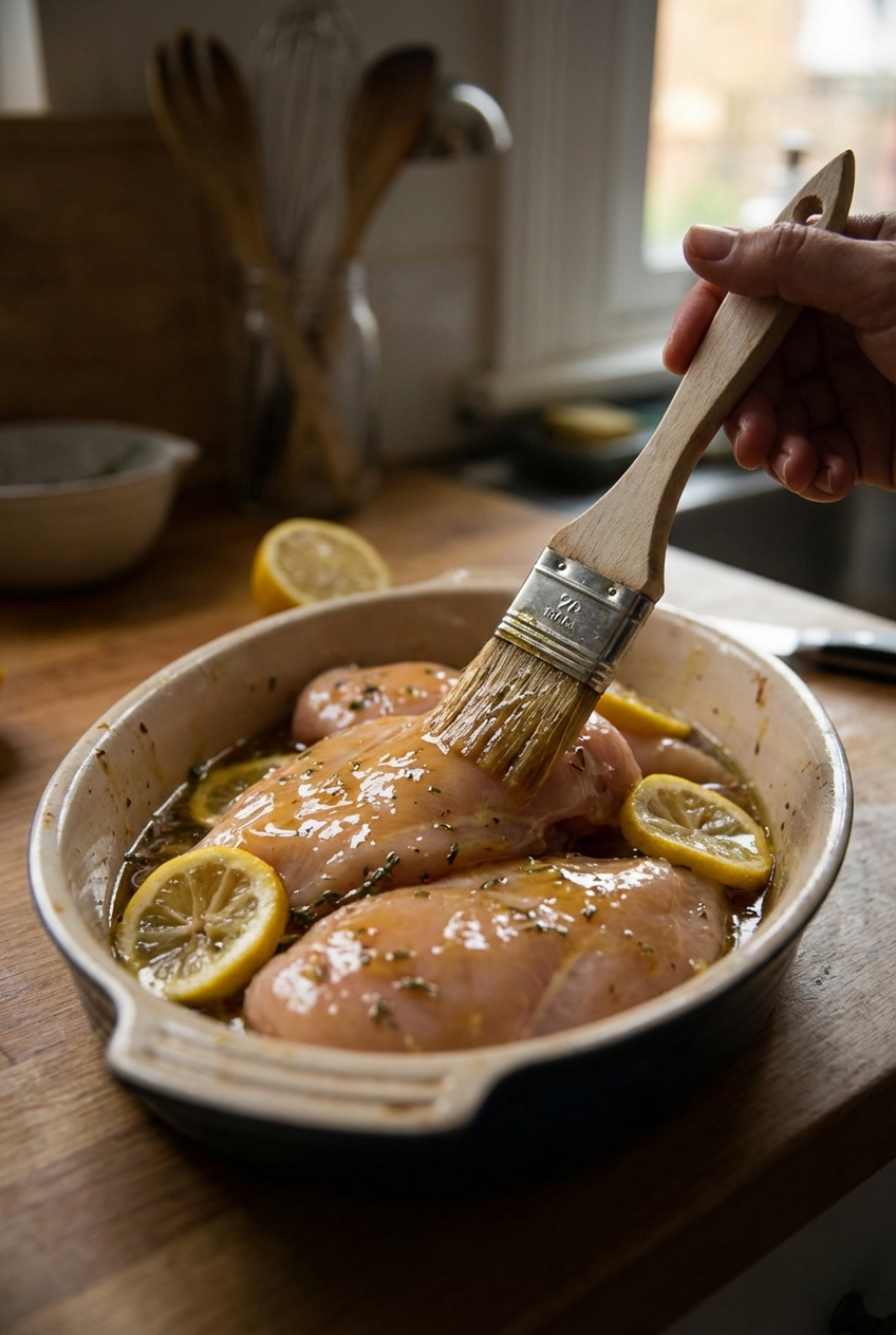 Raw chicken breasts in a shallow dish being coated with honey lemon marinade