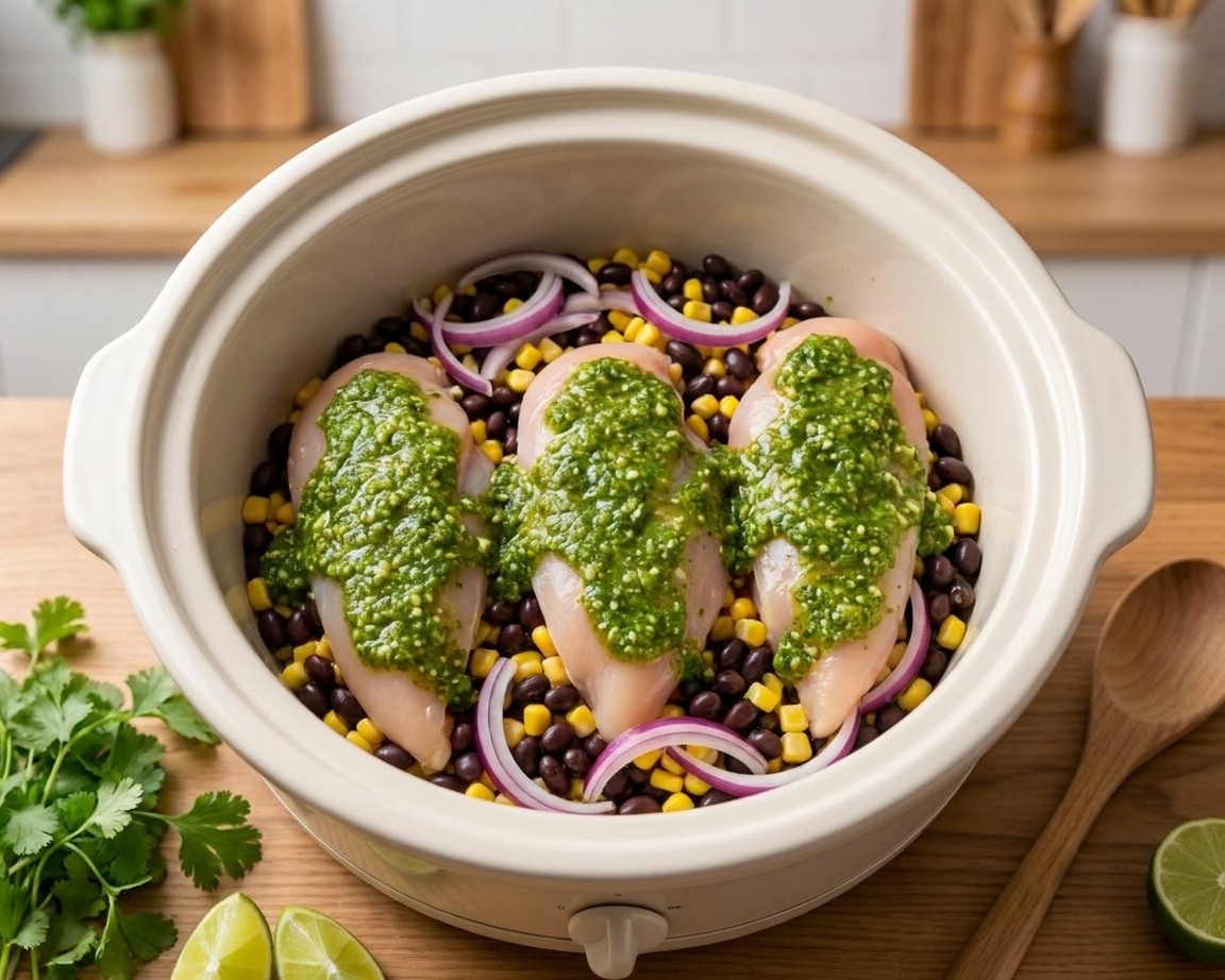 Raw chicken breasts in a slow cooker covered with salsa verde, beans, corn, and sliced onions before cooking