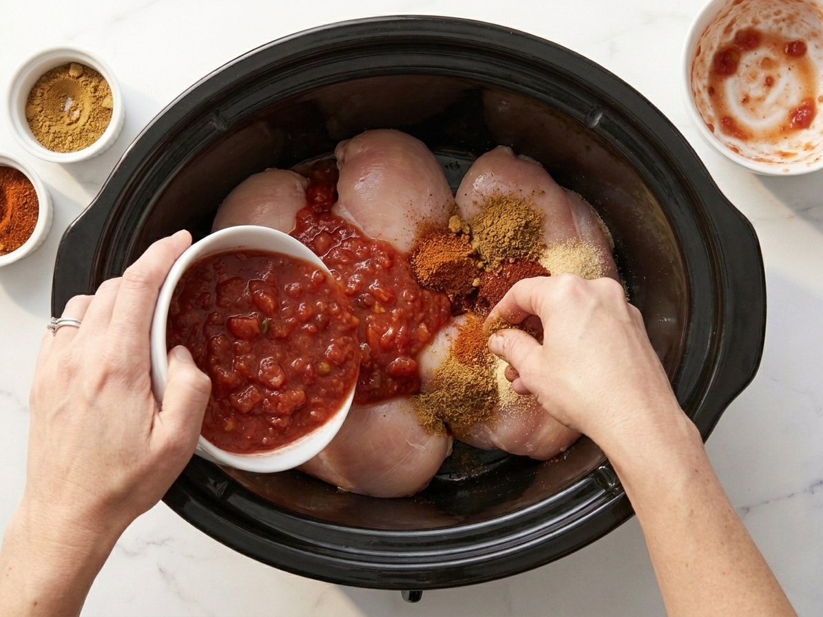 Raw chicken breasts in a slow cooker insert being covered with red salsa and spices on a clean kitchen counter