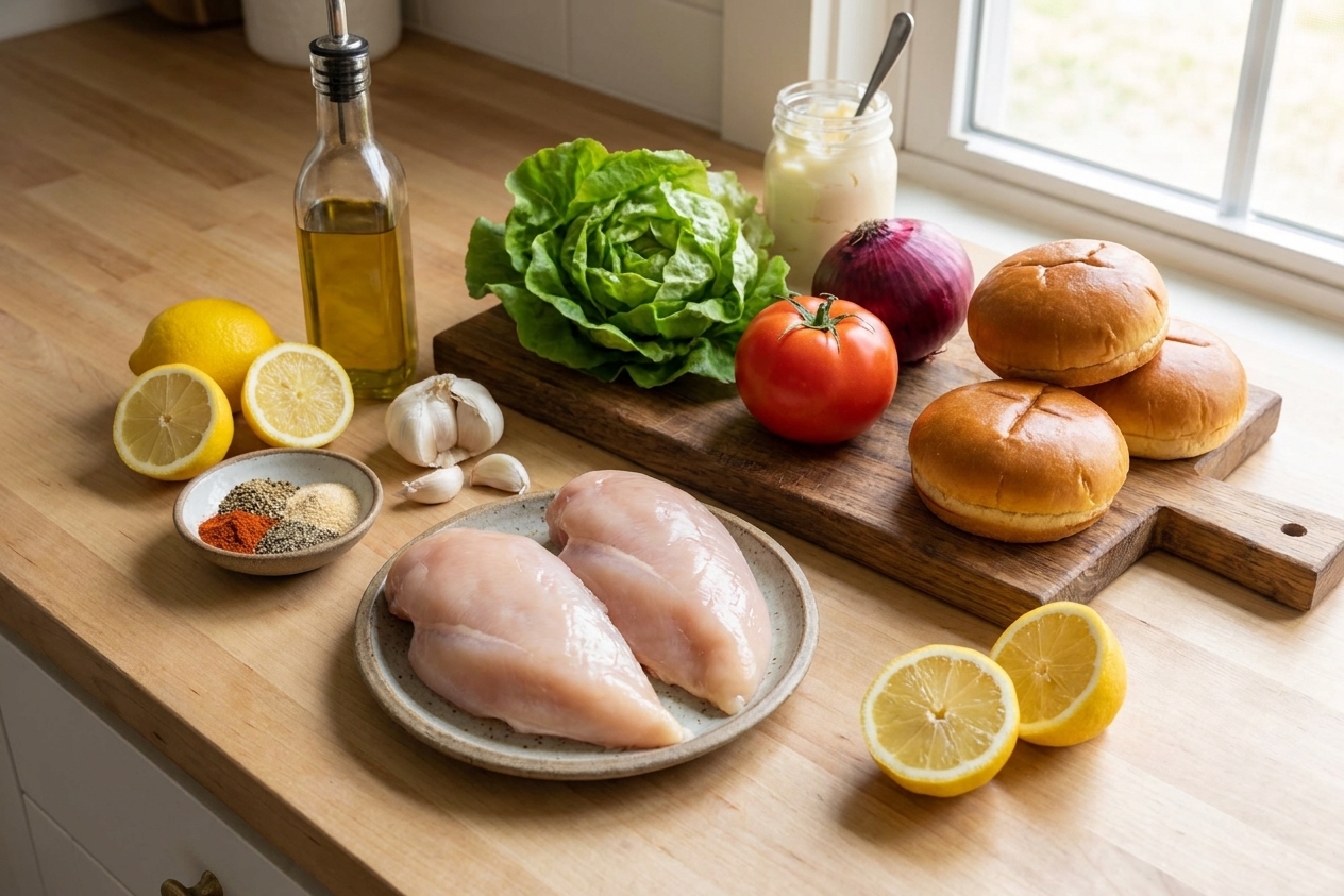 Raw chicken breasts, lemons, olive oil, garlic, spices, buns, lettuce, tomato, red onion, and mayonnaise arranged on a clean kitchen counter in natural light