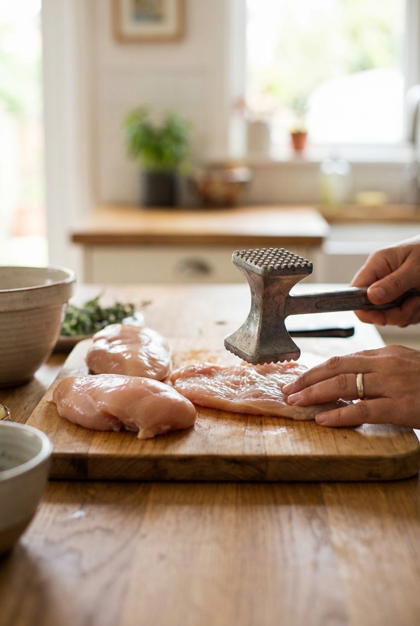 Raw chicken breasts on a cutting board being pounded to an even thickness with a meat mallet