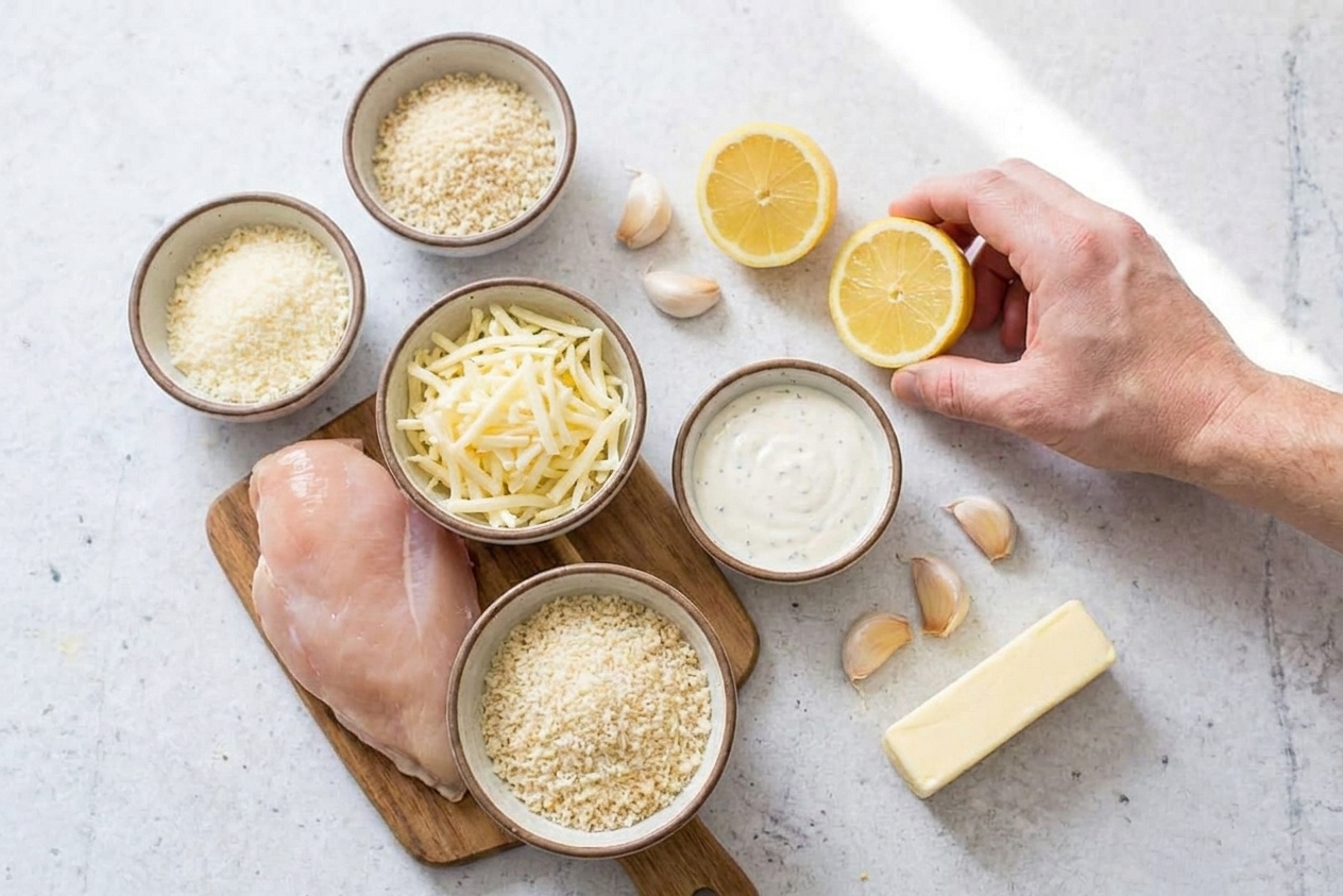 Raw chicken breasts, parmesan, provolone, ranch dressing, panko breadcrumbs, garlic, butter, and lemon arranged on a bright kitchen counter