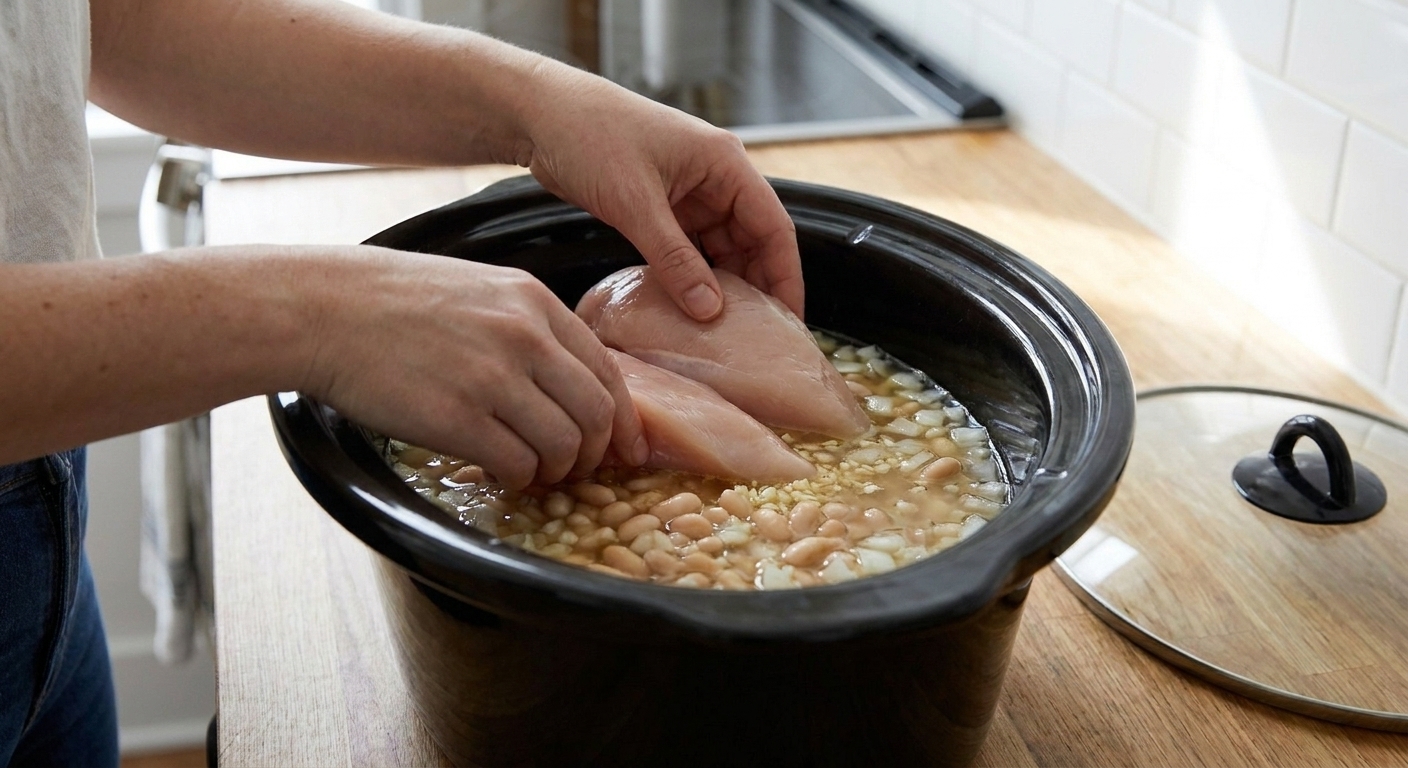 Raw chicken breasts placed on top of beans and broth inside a slow cooker crock before cooking