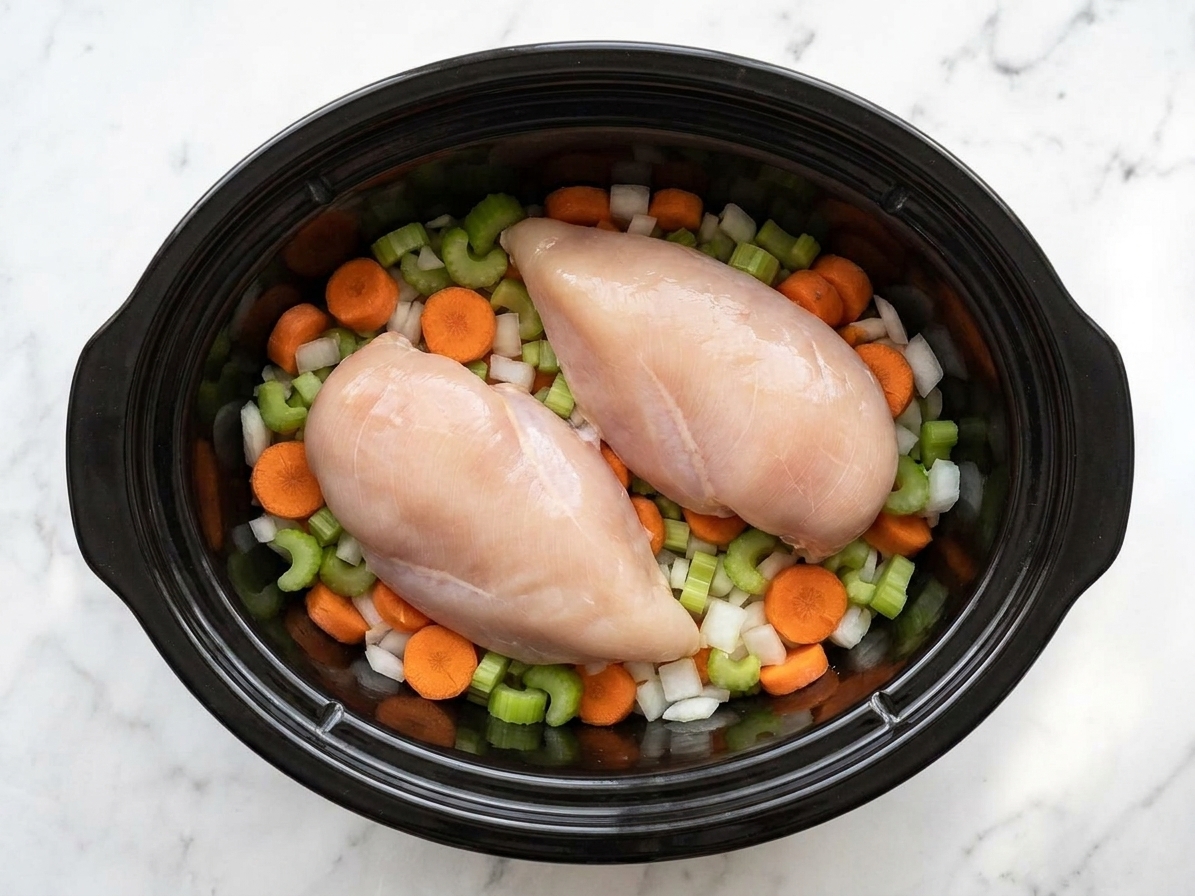 Raw chicken breasts resting on chopped vegetables inside a slow cooker insert before cooking