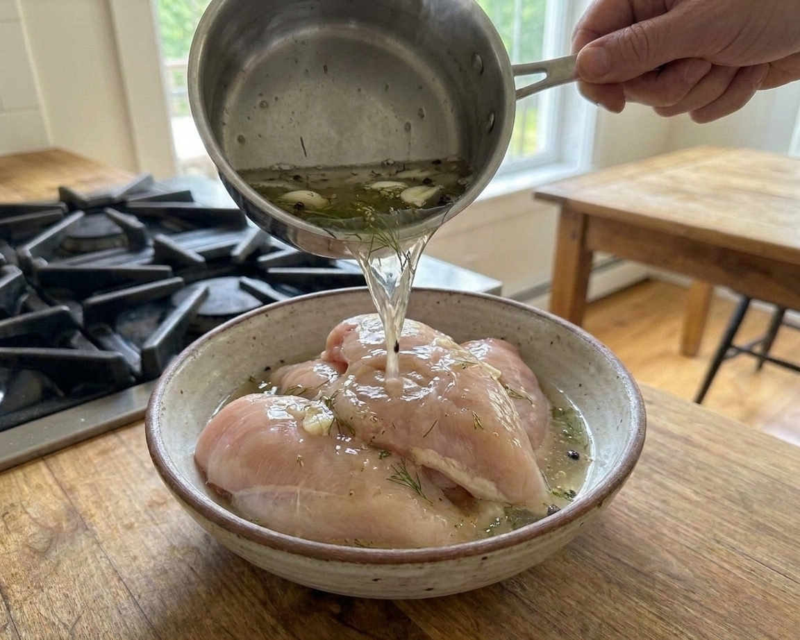 Raw chicken breasts sitting in a bowl as cooled pickle brine is poured over them