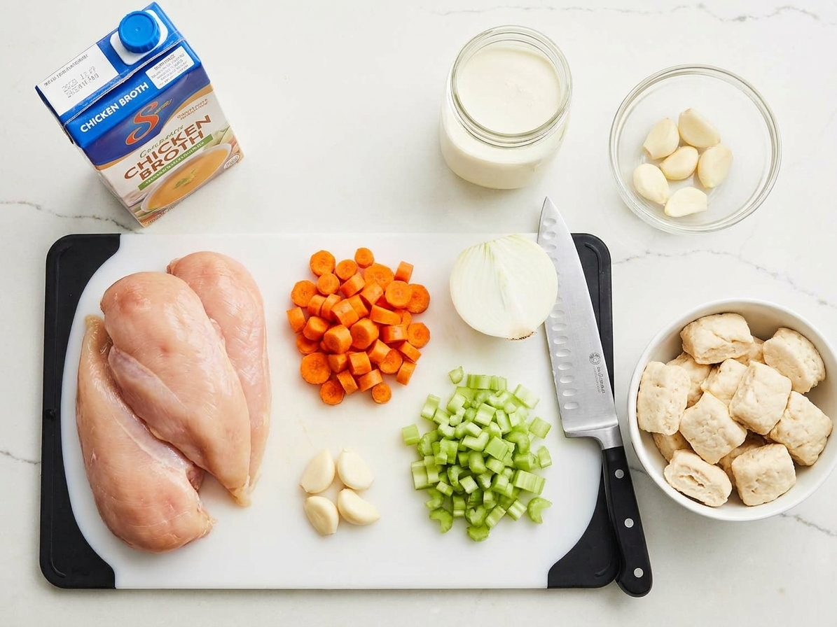 Raw chicken, carrots, celery, onion, garlic, broth, cream, and biscuit dough ingredients arranged on a bright kitchen counter