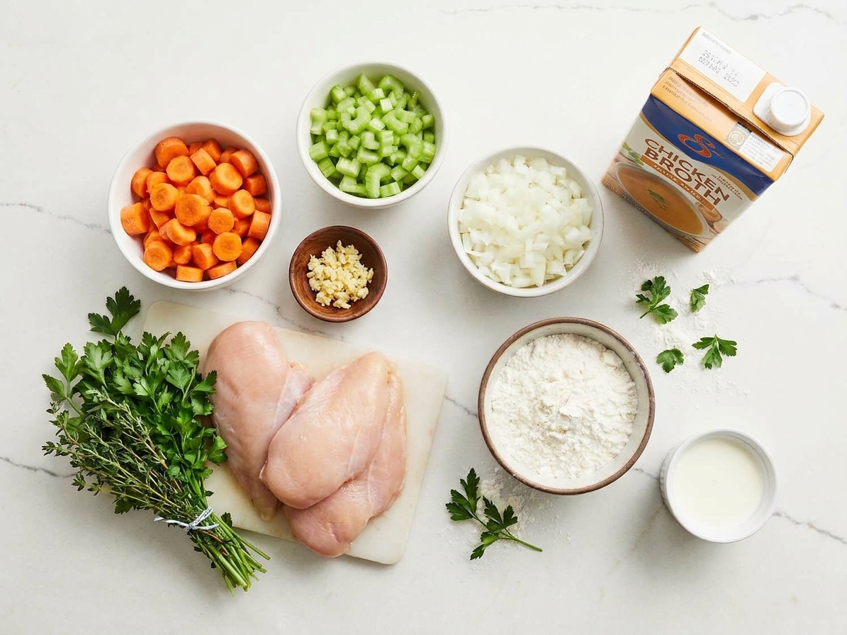 Raw chicken, carrots, celery, onion, garlic, chicken broth, flour, cream, and herbs arranged on a bright kitchen counter