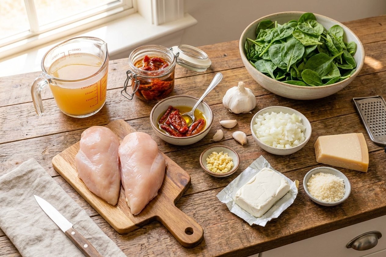 Raw chicken, chicken broth, jarred sun-dried tomatoes, garlic, onion, cream cheese, Parmesan, and baby spinach arranged on a clean kitchen counter in warm natural light