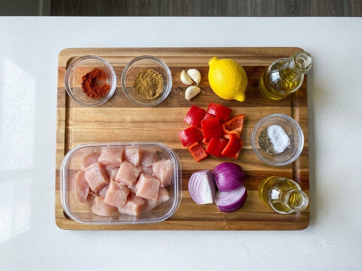 Raw chicken cubes, bell peppers, red onion, lemon, garlic, olive oil, and small bowls of spices arranged on a clean kitchen counter in even natural light