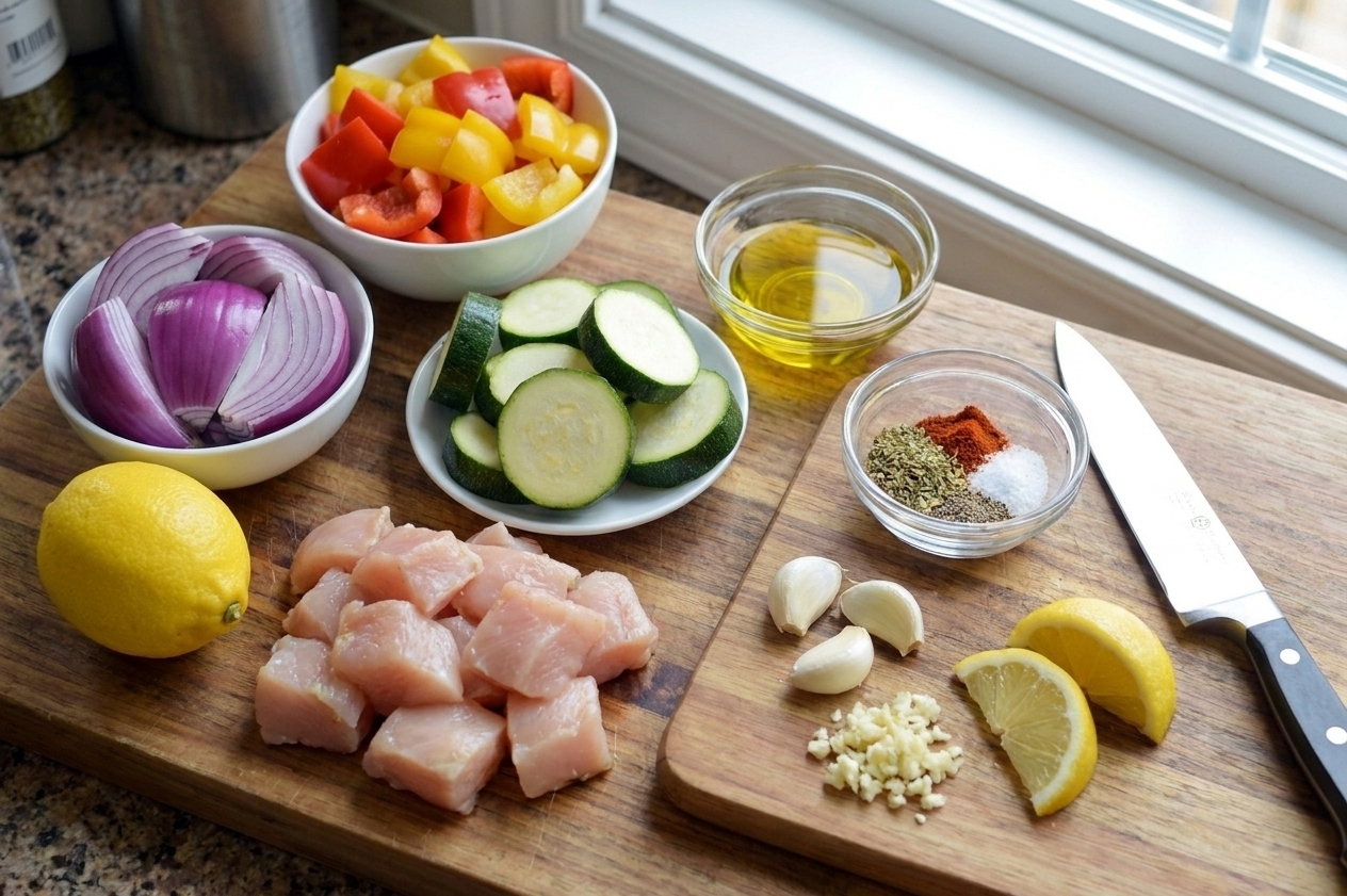Raw chicken cubes, chopped bell peppers, red onion chunks, zucchini pieces, lemon, garlic, olive oil, and spices arranged on a kitchen counter next to a cutting board