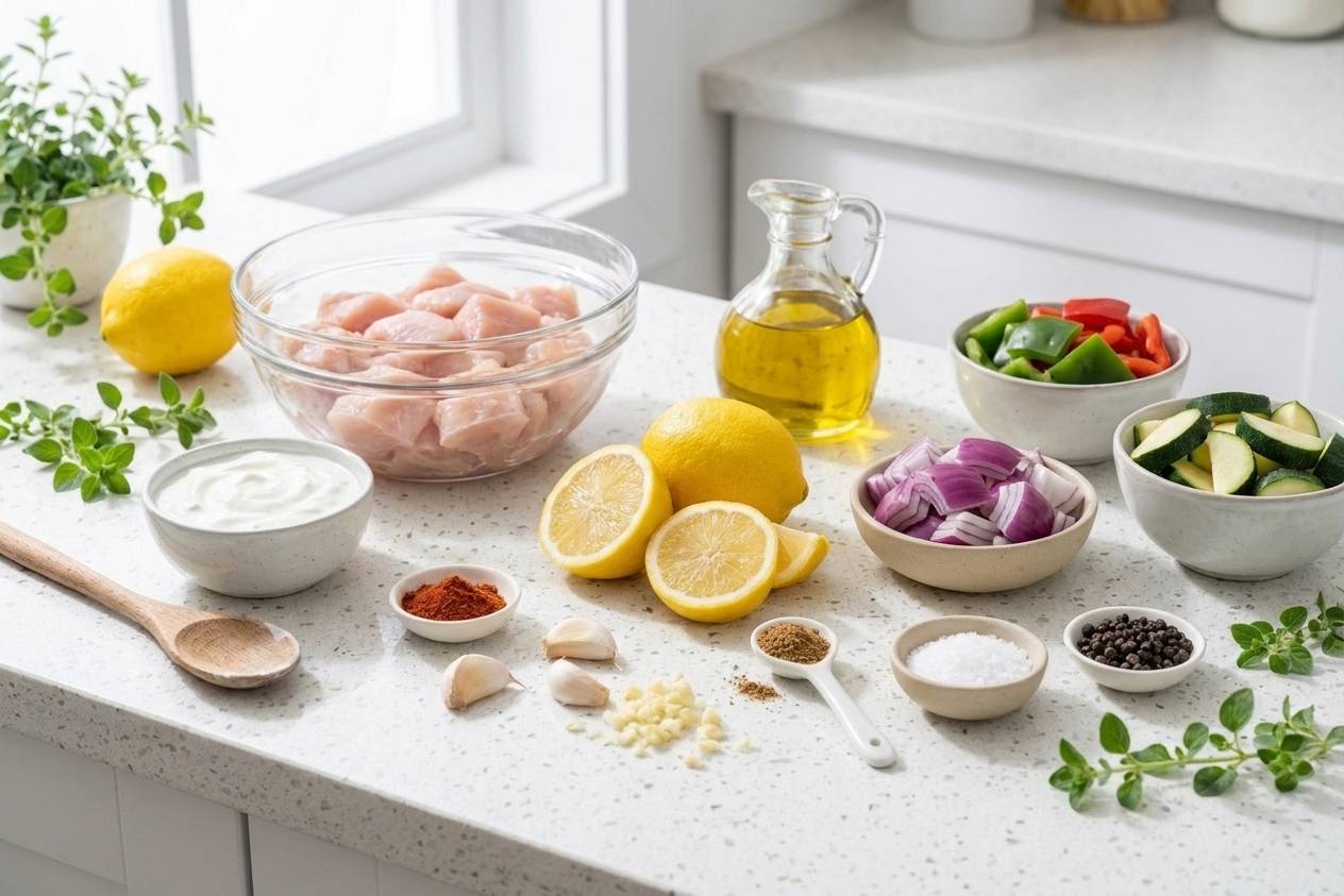 Raw chicken cubes, plain yogurt, lemon, garlic, olive oil, paprika, cumin, salt, pepper, and chopped vegetables arranged on a bright kitchen counter