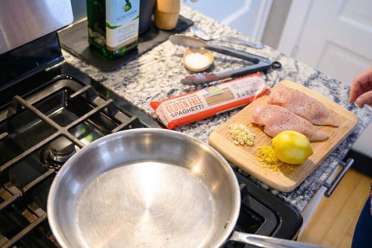 Raw chicken cutlets, a pile of minced garlic, a zested lemon, and gluten free spaghetti arranged near a skillet on a kitchen counter
