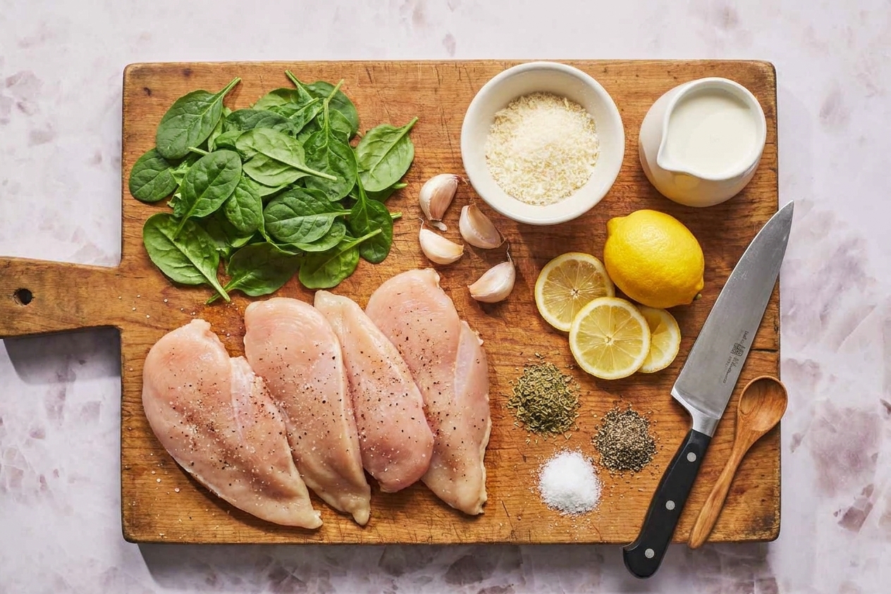 Raw chicken cutlets, baby spinach, garlic, Parmesan, cream, lemon, and seasonings arranged on a wooden cutting board on a bright kitchen counter
