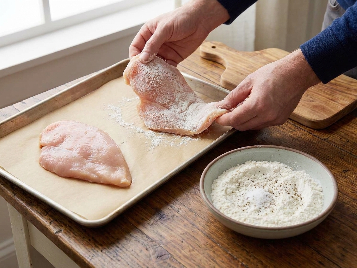 Raw chicken cutlets being lightly dredged in flour on a parchment-lined sheet pan with a shallow bowl of seasoned flour nearby on a home kitchen counter