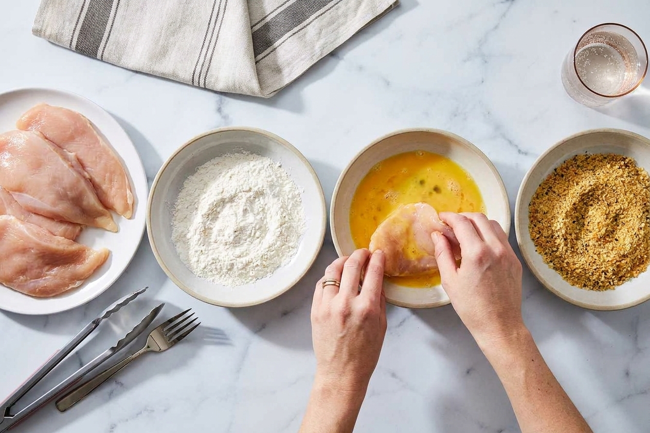 Raw chicken cutlets beside three shallow bowls for flour, beaten eggs, and seasoned breadcrumbs on a clean kitchen counter