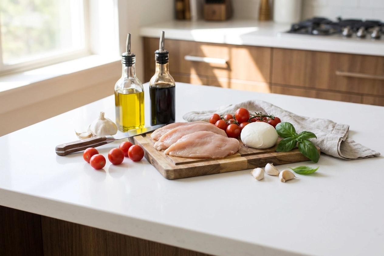 Raw chicken cutlets, cherry tomatoes, mozzarella, basil, garlic, olive oil, and balsamic vinegar arranged on a bright kitchen counter