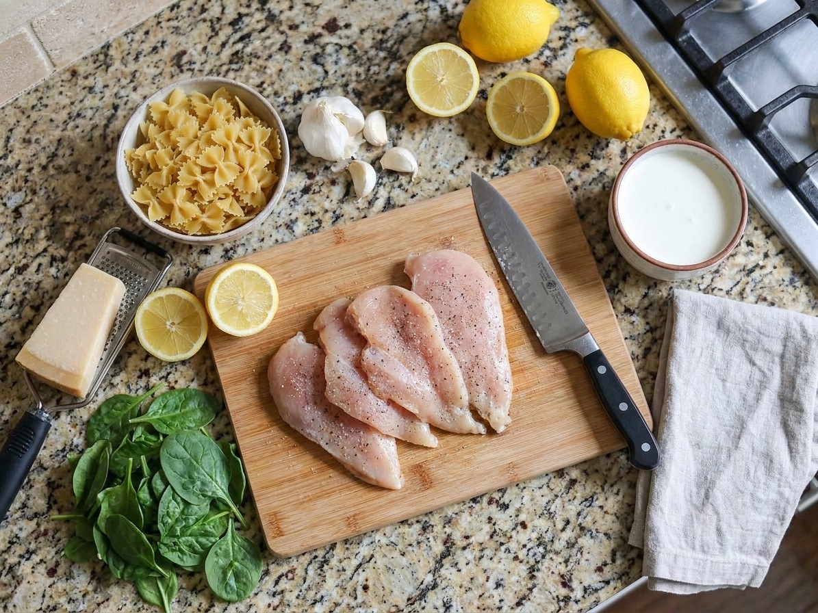 Raw chicken cutlets, dry pasta, lemons, garlic, parmesan, baby spinach, and a small bowl of cream arranged on a bright kitchen counter with a cutting board