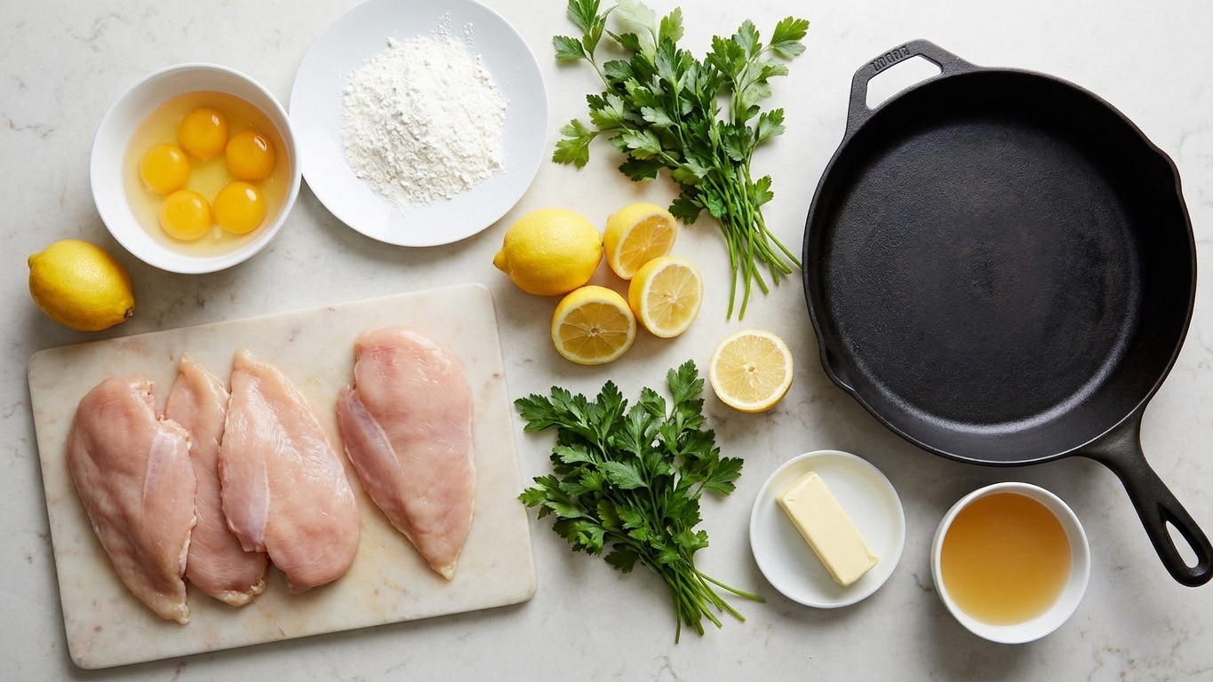 Raw chicken cutlets, eggs, flour, lemons, parsley, butter, and a small bowl of broth arranged on a clean kitchen counter with a skillet nearby