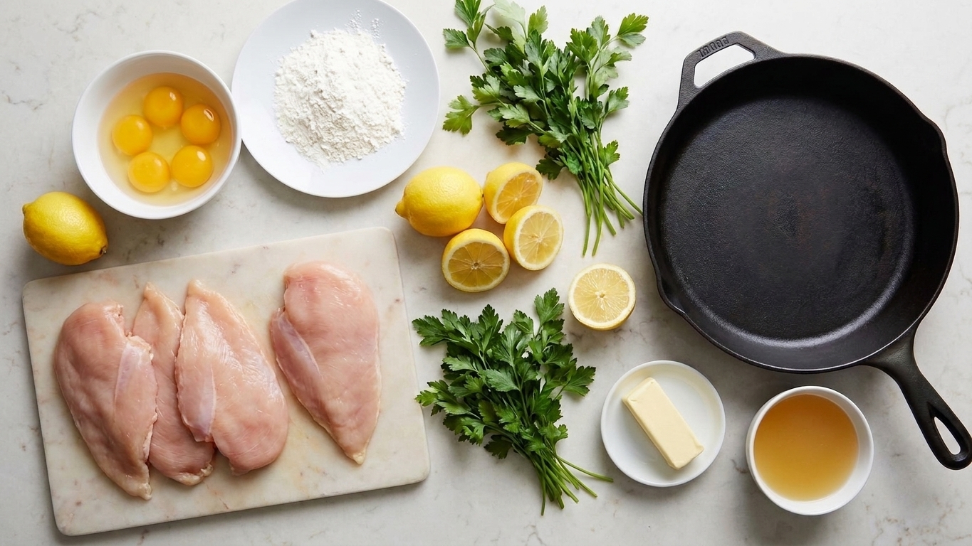 Raw chicken cutlets, eggs, flour, lemons, parsley, butter, and a small bowl of broth arranged on a clean kitchen counter with a skillet nearby