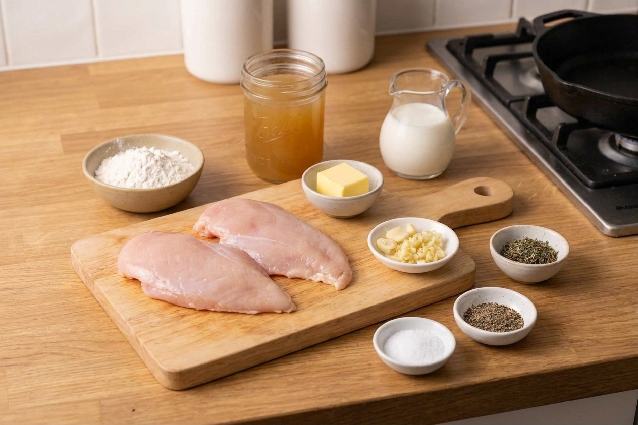Raw chicken cutlets, flour, butter, chicken broth, milk, garlic, and spices arranged on a clean kitchen counter with a cutting board