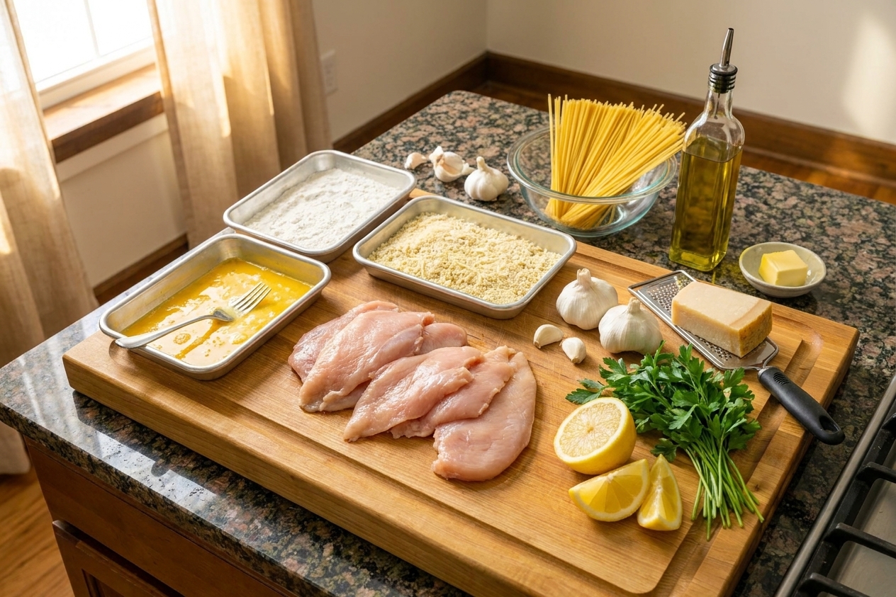Raw chicken cutlets, flour, eggs, breadcrumbs, lemon, garlic, parsley, Parmesan, and pasta arranged on a tidy kitchen counter in warm natural light