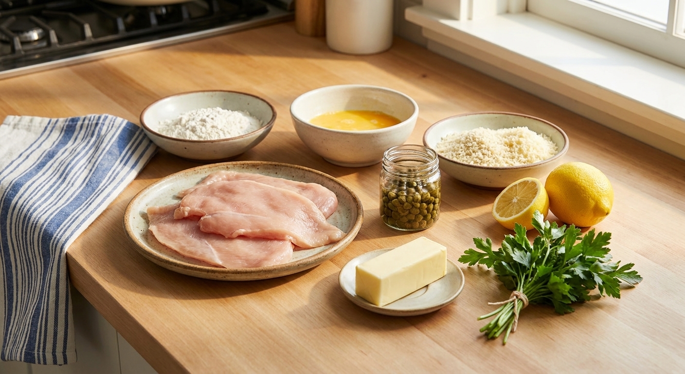 Raw chicken cutlets, flour, eggs, breadcrumbs, lemons, capers, butter, and parsley arranged on a clean kitchen counter with warm natural light