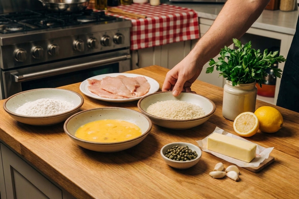 Raw chicken cutlets, flour, eggs, panko breadcrumbs, lemon, capers, butter, garlic, and parsley arranged on a clean kitchen counter under soft natural light