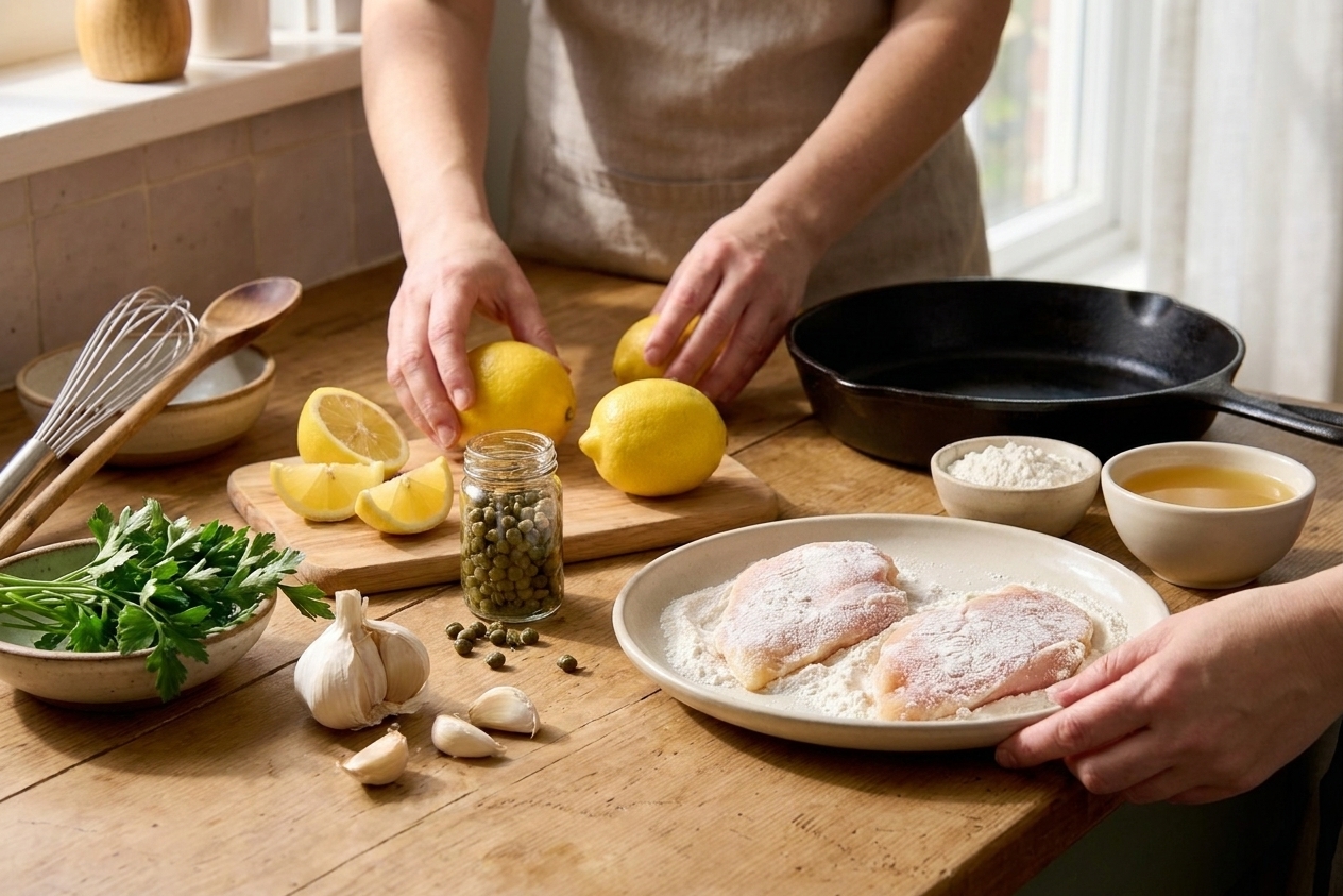 Raw chicken cutlets, fresh lemons, capers, garlic, parsley, and small bowls of gluten-free flour and broth arranged on a clean kitchen counter in natural light