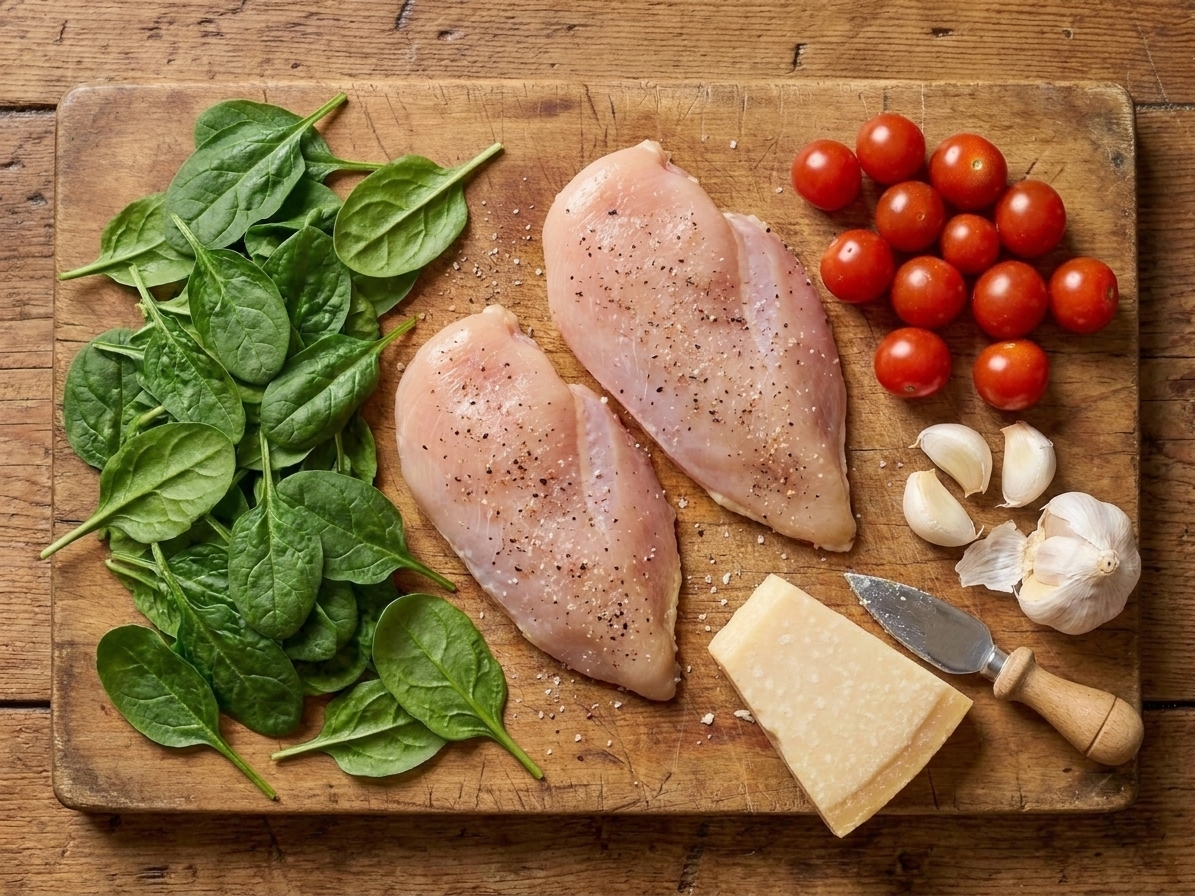 Raw chicken cutlets, fresh spinach, cherry tomatoes, garlic, and a wedge of Parmesan arranged on a wooden cutting board